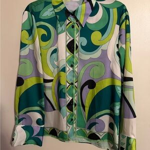 Zara Multicolor Swirl Button-Down Blouse in Teal, Lime & Lavender